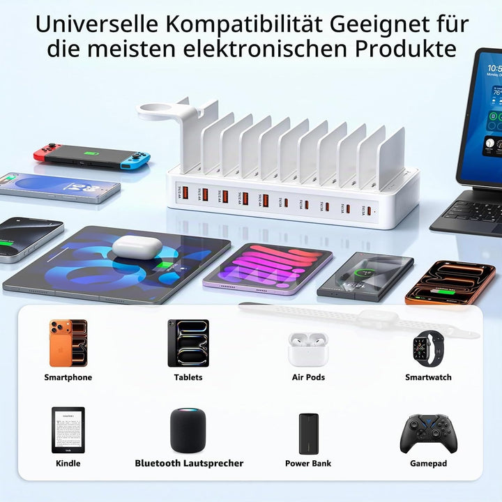 Ladestation Mehrere Geräte, USB C ladestation 100W, 10 Ports USB-Schnellladegerät Mit Uhrenhalterung