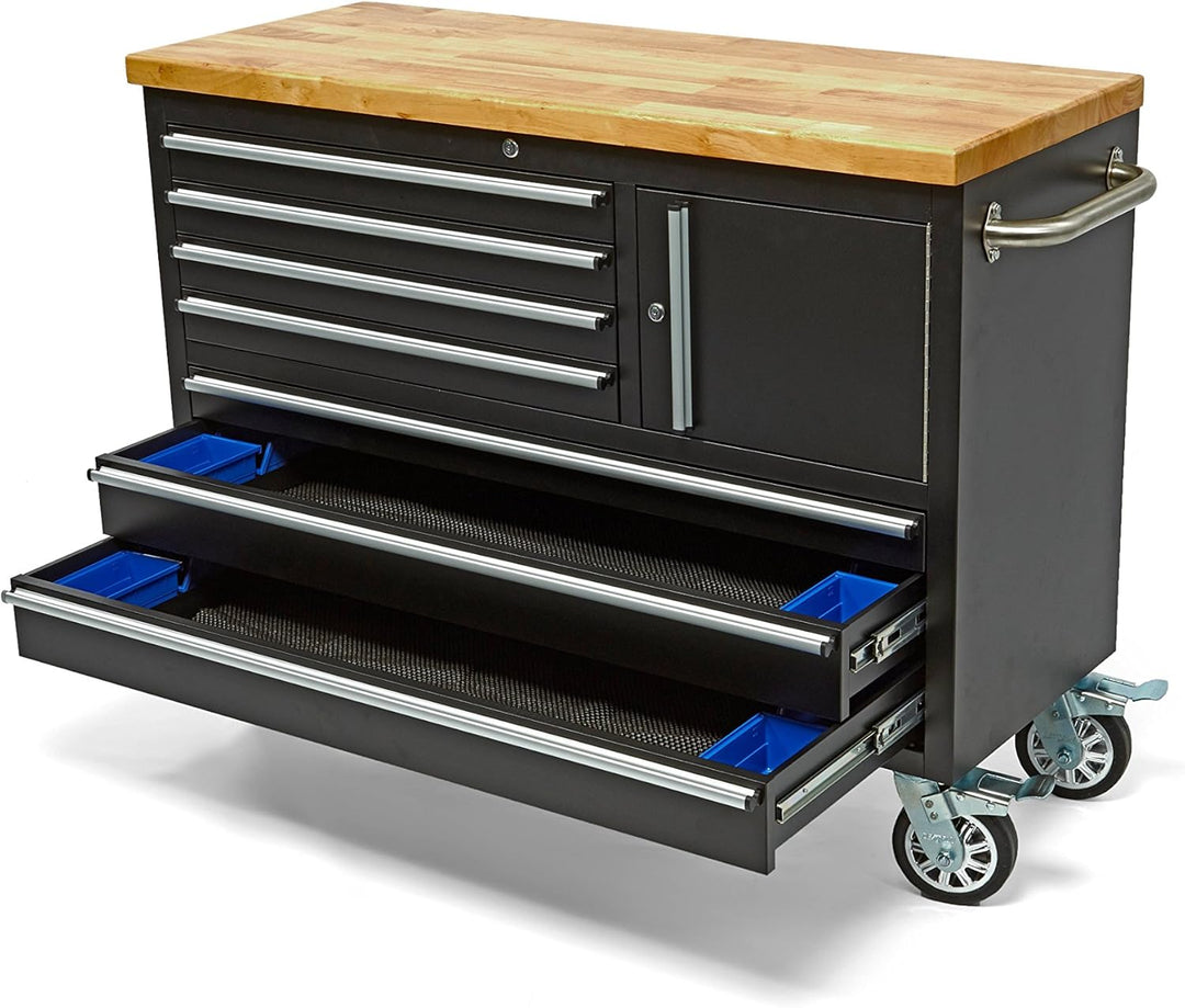 HBM Mobiler Werkzeugwagen mit Holzarbeitsplatte - 122 cm - Schwarz
