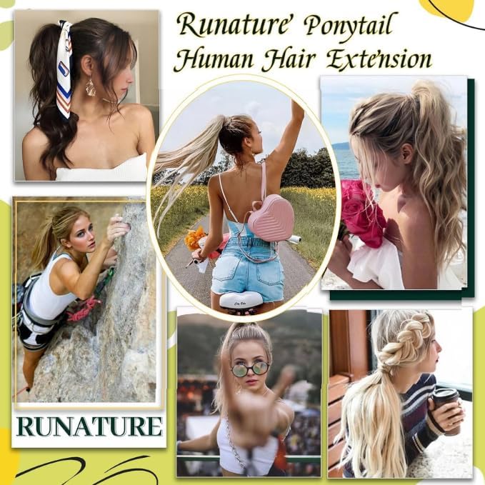 RUNATURE Ponytail Extension Echthaar Blond Highlight 30cm Kurz Echthaar Zopf Aschblond Mit Blond Men
