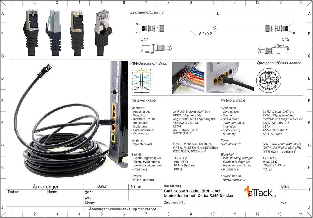 1aTTack.de 0,5m - orange - 10 Stück CAT.7 Netzwerkkabel Patchkabel SFTP PIMF LSZH Gigabit Lan Kabel