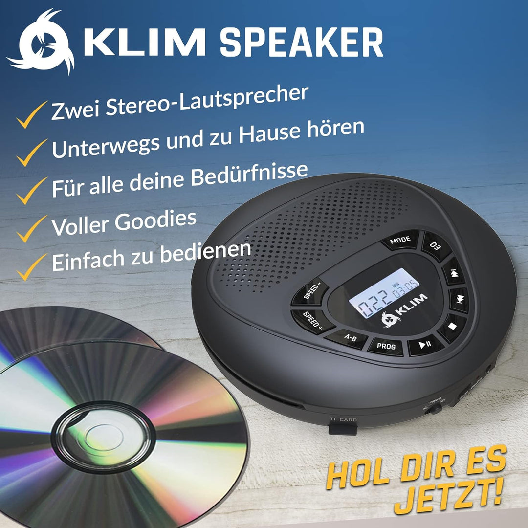 KLIM Speaker + CD Player mit Lautsprecher + NEU 2024 + Wiederaufladbarer Akku + Tragbarer CD-Spieler