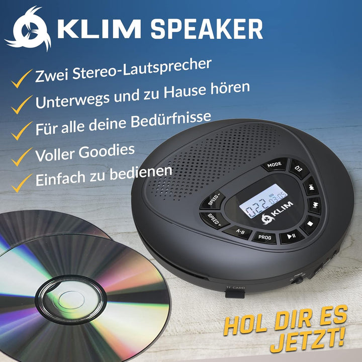 KLIM Speaker + CD Player mit Lautsprecher + NEU 2024 + Wiederaufladbarer Akku + Tragbarer CD-Spieler