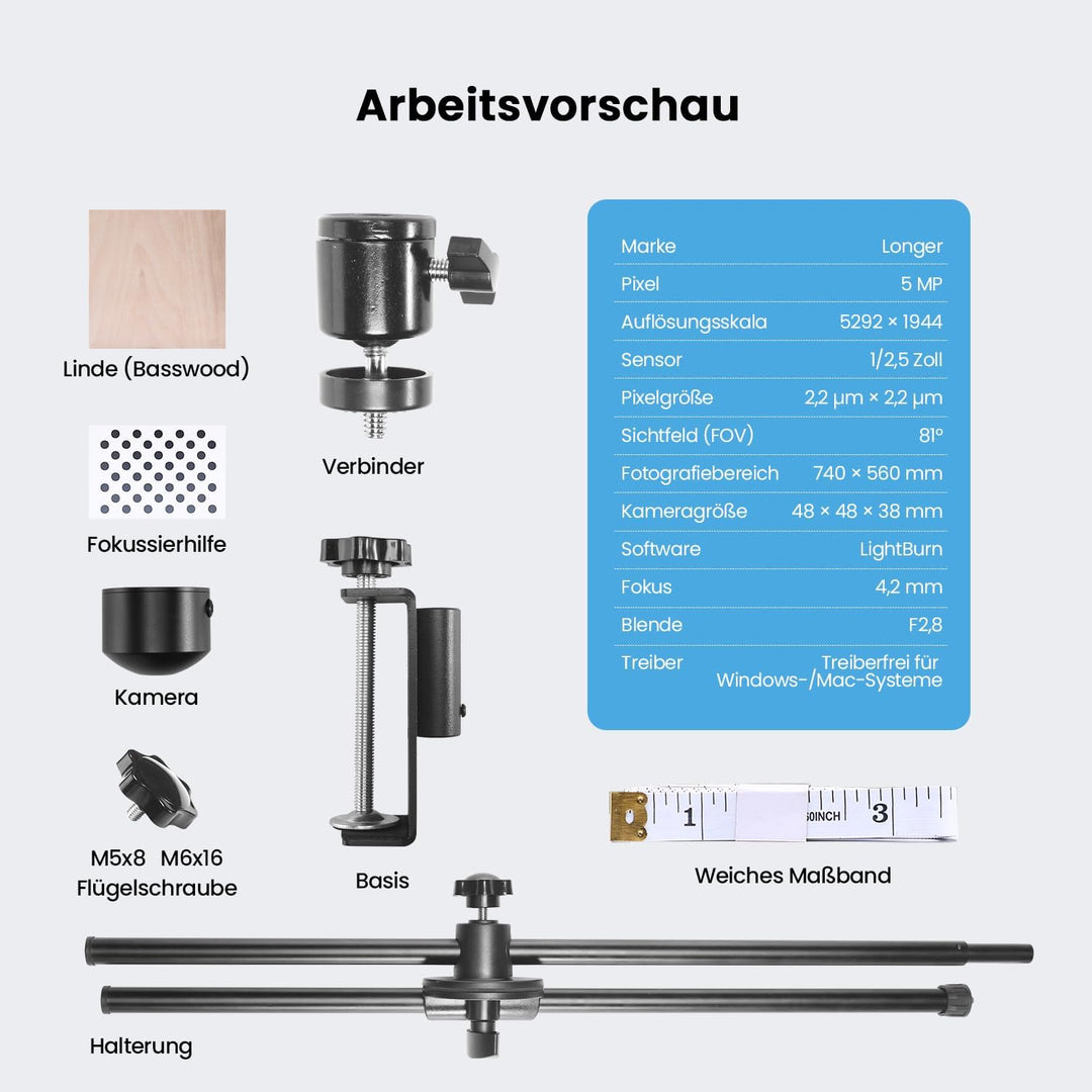 Longer LightBurn Kamera-Kit für Lasergravierer – 5MP Zeitraffer-Kamera mit präziser Positionierung,