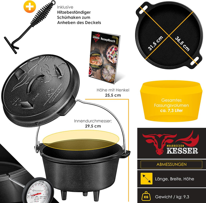 KESSER® Dutch Oven Set BBQ 7,3 Liter, Feuertopf Schmortopf mit Füssen, Gusseisen Topf mit Deckelhebe