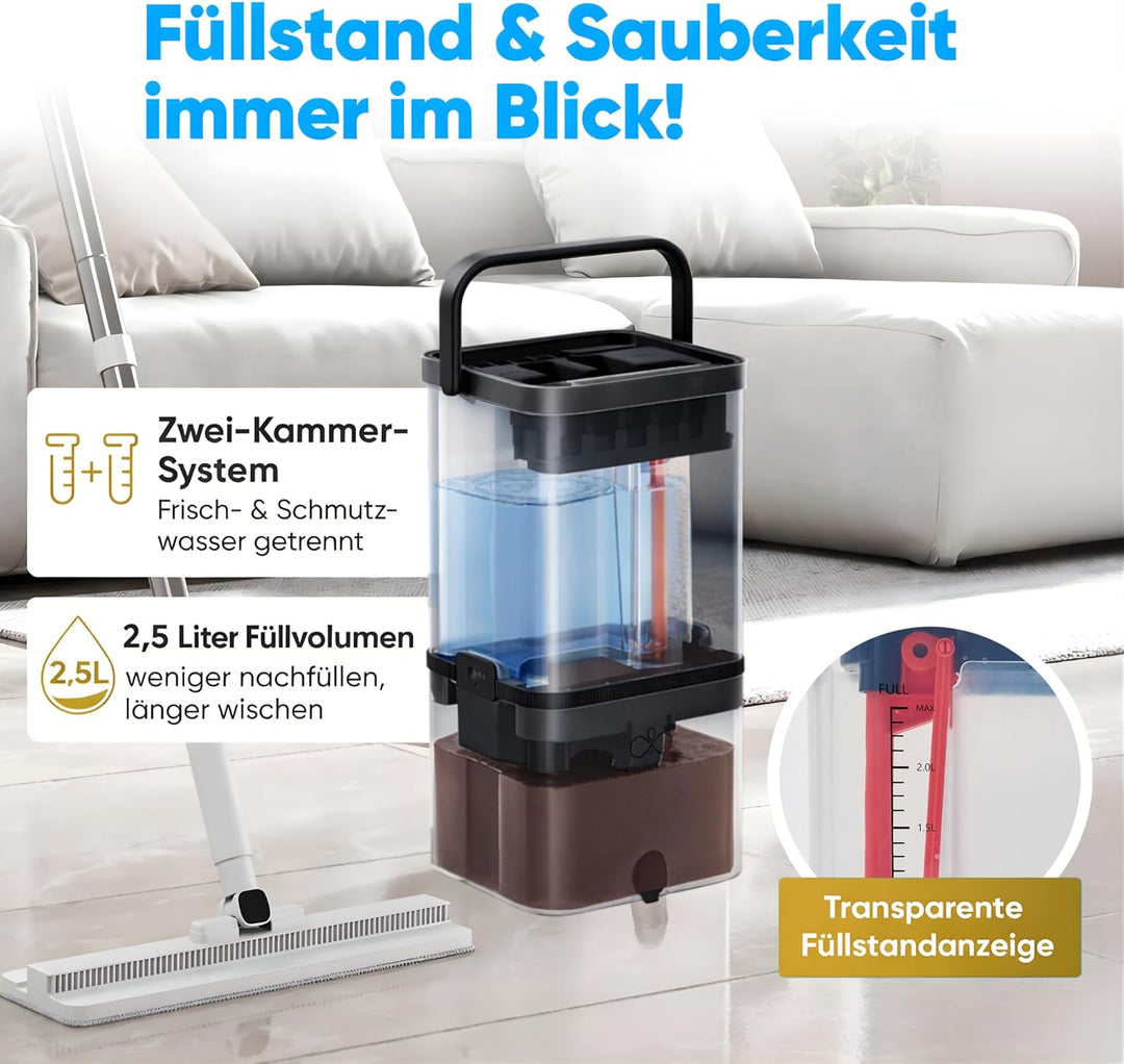 Wischmopp Set mit Eimer – Bodenwischer / Nasswischer mit 2-Kammer-System – Wischmopp & Mop Set mit P