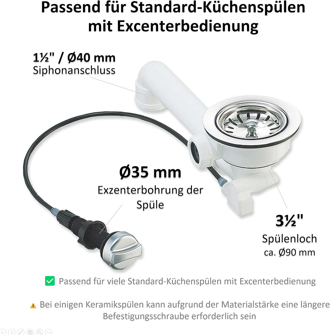 keenberk Spülenablauf Spülen-Siebkorbventil 3 1/2 Zoll - Ø 114 mm mit Seil-Drehbetätigung Drehexcent