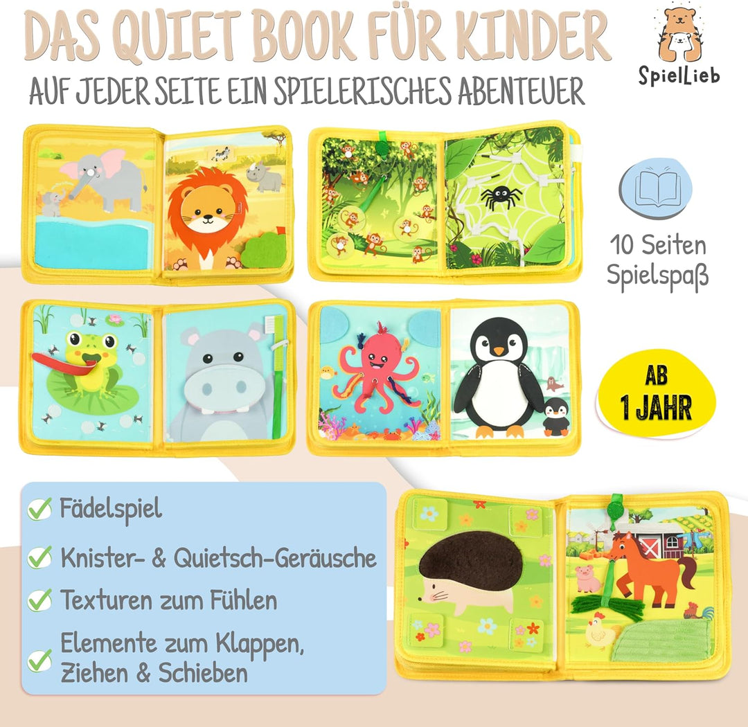 Montessori Quiet Book ab 1 Jahr - interaktives Busy Board ab 1 Jahr mit Tieren - Quiet Book &amp; Motori