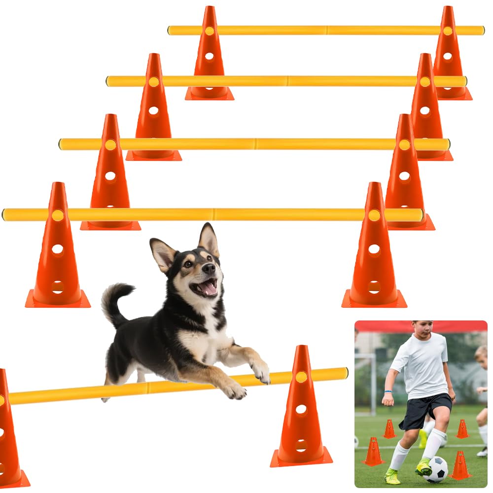 Agility Set Hunde Kinder, Sports Steckhürdenset 8 Kegel 23cm + 4 Stangen 80cm, Agility Koordinations