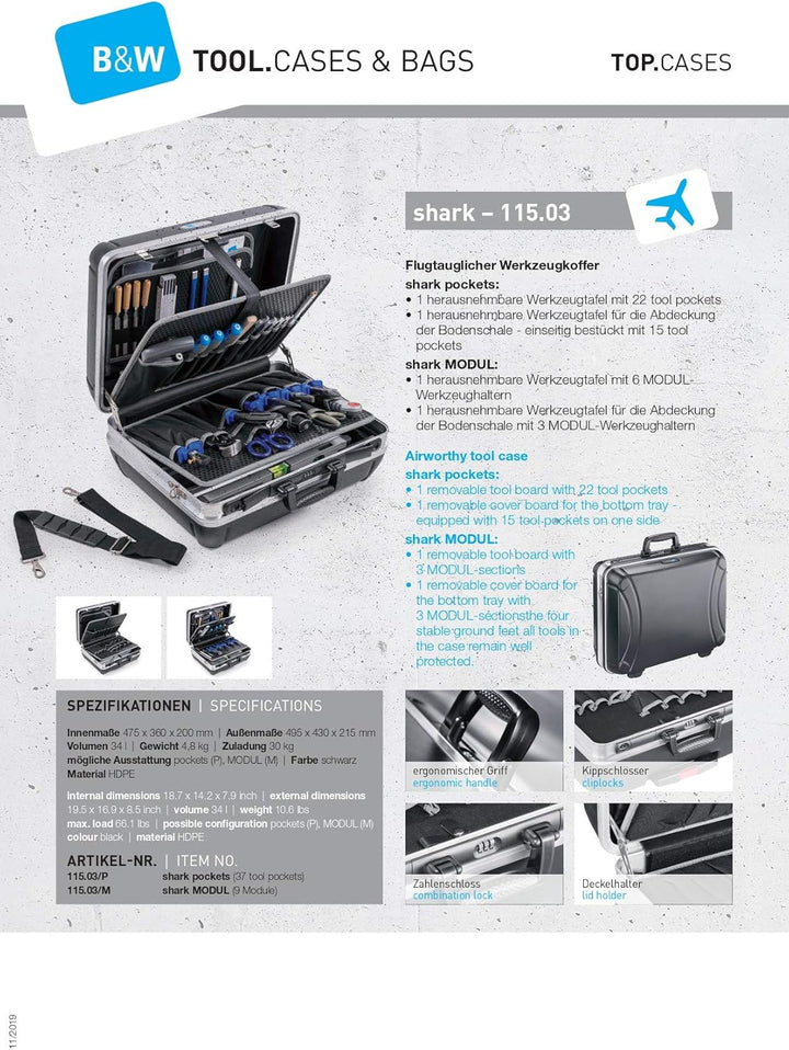 B&amp;W Werkzeugkoffer Shark Modul, 115.03/M (Lieferung erfolgt ohne Werkzeug), tool.case HDPE.326.M Sha