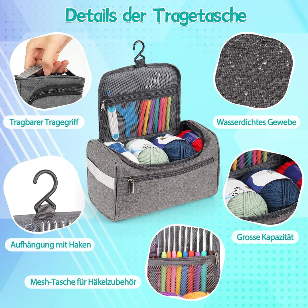 Coopay 73 Stück Häkelset für Anfänger, Tragbar Häkelnadel Set mit 15 Wolle, Tasche, Häkelzubehör, 2,
