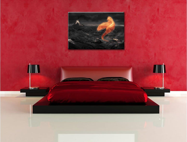 Pixxprint Brennender Phönix Vulkanlandschaft als Leinwandbild/Grösse: 100x70 / Wandbild/Kunstdruck/f