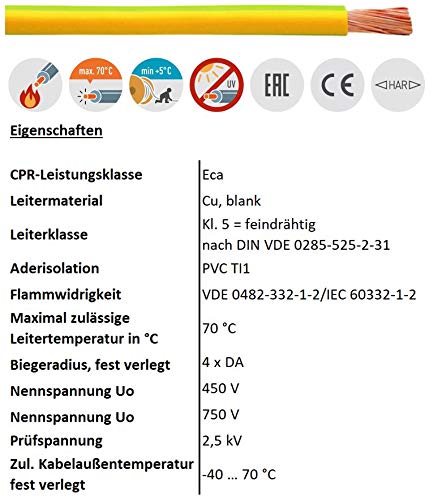 100m 1,5mm² LAPP Kabel H07V-K Einzelader Litze Leitung Einzelader flexibel (Gelb-Grün), Gelb-Gr&amp;