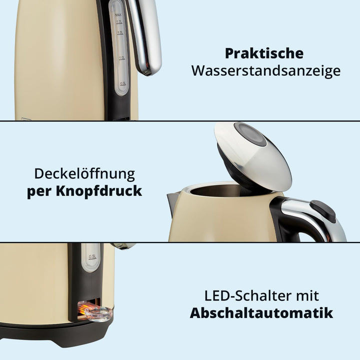 KHG Frühstücksset Wasserkocher &amp; Toaster Creme Beige Retro Vintage, Kapazität 1,7 Liter &amp; 2 Toastsch