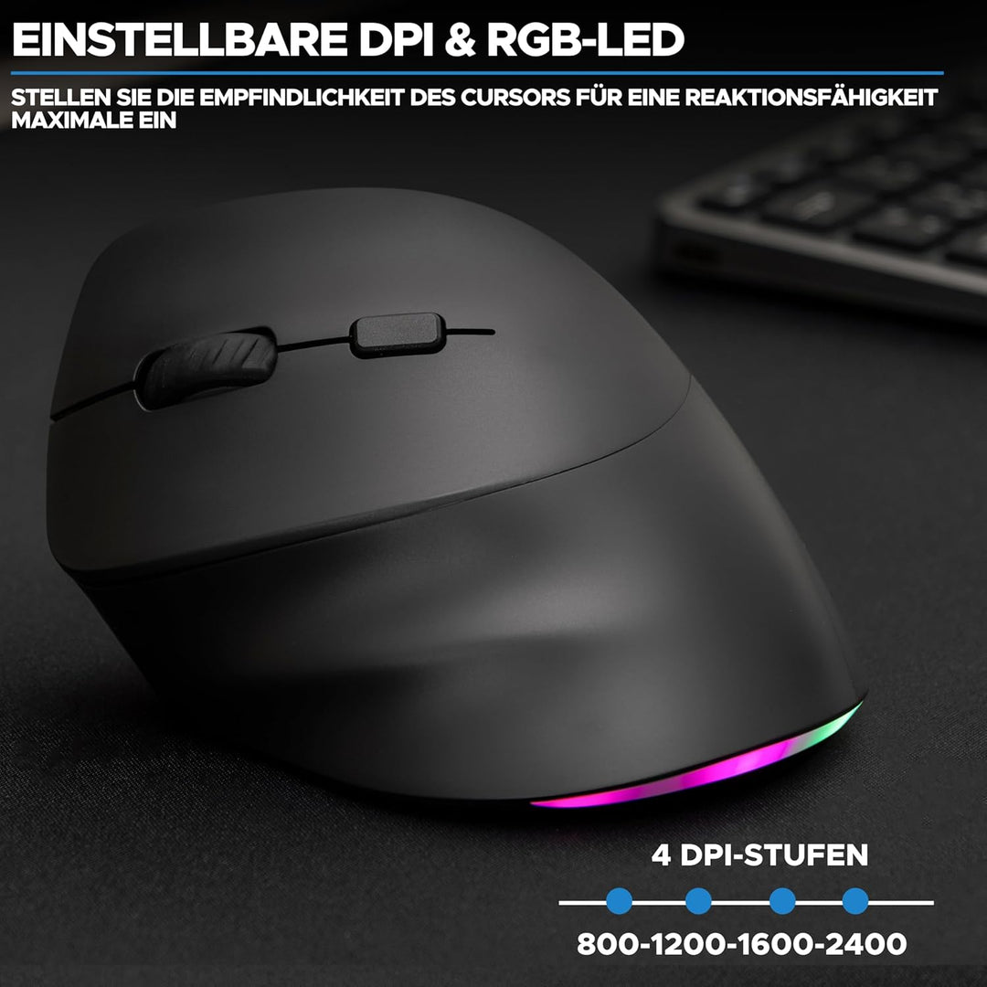 Bluestork - Ergonomische Vertikale Kabellose Maus 4800 DPI RGB Links | Kabellos 2.4GHz &amp; Bluetooth,