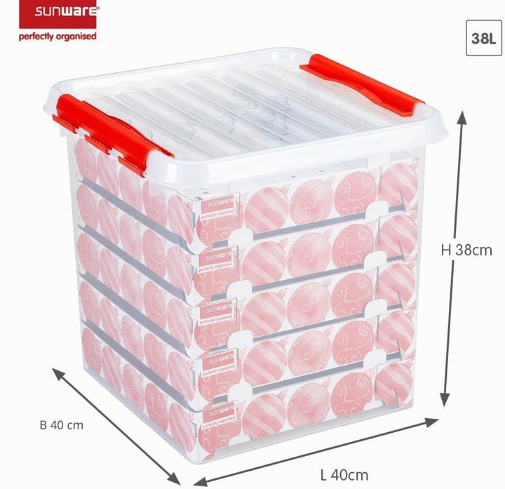 Sunware Q-Line Weihnachtsbox mit Tabletts für 125 Kugeln, transparent/rot, 38 Litre
