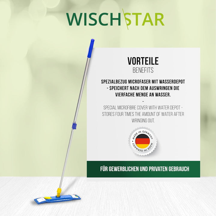 Wisch-Star Wischmopp-Set 50 cm mit Microfaserbezug, Teleskopstiel und Magnetklapphalter, Profi-Quali