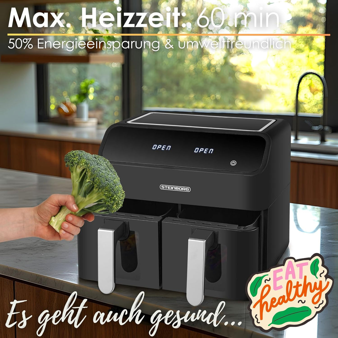 Heissluftfritteuse | 2 Kammern | Heissluftfritteuse | 4 in 1 Mini Backofen | Fritteuse | Dörrautomat