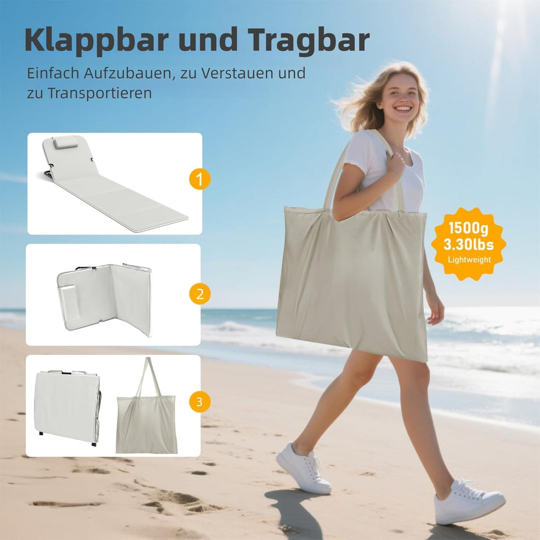2er Set Strandmatte Klappbar mit Rückenlehne 165cm, 5-Stufige Verstellbarer Strandliege Klappbar Lei