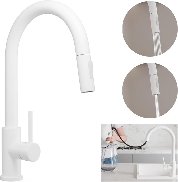 Küchenarmatur mit ausziehbarer Brause und 2 Strahlarten Primagran 9010 Weiss, Weiss