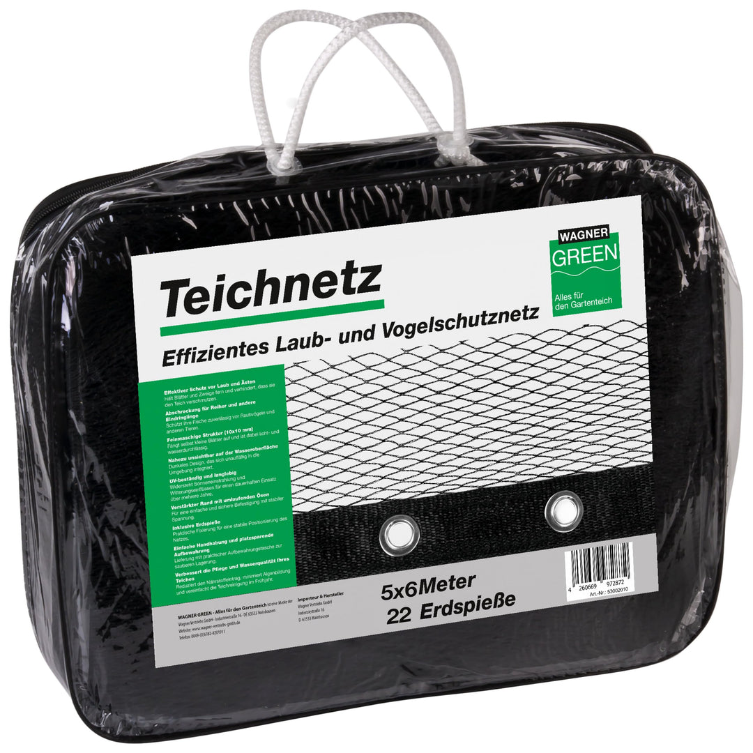 Abdecknetz (5x6m) schwarz mit Erdspiessen | feinmaschig (10x10mm) mit stabilem Rand | Teichabdeckung