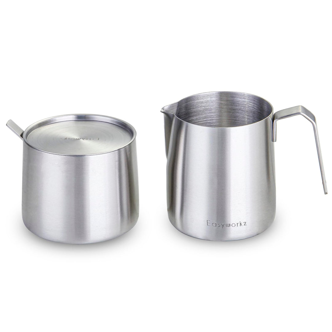 Easyworkz Edelstahl 304 Milchkännchen und Zuckerdose mit Löffel Kaffee Servierset gebürstet Silber G