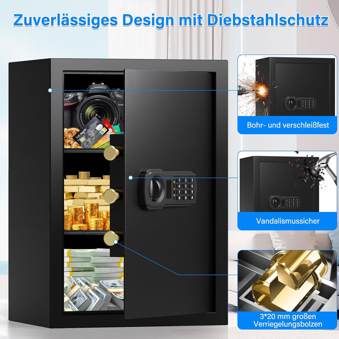 65L Grosser Feuerfester Tresor Safe mit Feuersichere Dokumententasche, Digitaler Möbeltresore mit 2