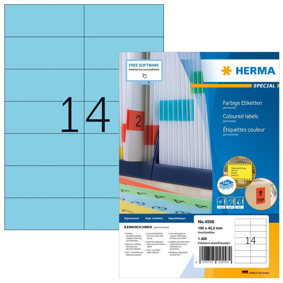 HERMA 4558 Farbige Etiketten blau, 100 Blatt, 105 x 42,3 mm, 14 Stück pro A4 Bogen, 1400 Aufkleber,