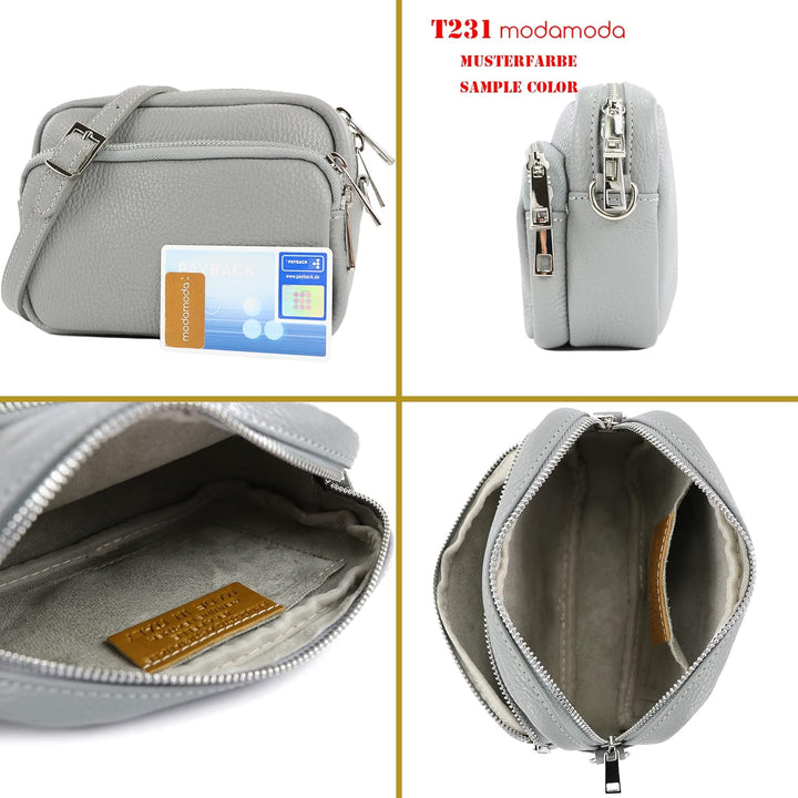 modamoda de - T231 - ital. Umhängetasche Klein Small aus Leder Silber-metallic, Silber-metallic