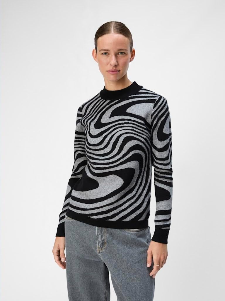 Object Female Pullover OBJRAY L Black/Pattern:medium Grey Melange Zebra, L Black/Pattern:medium Grey
