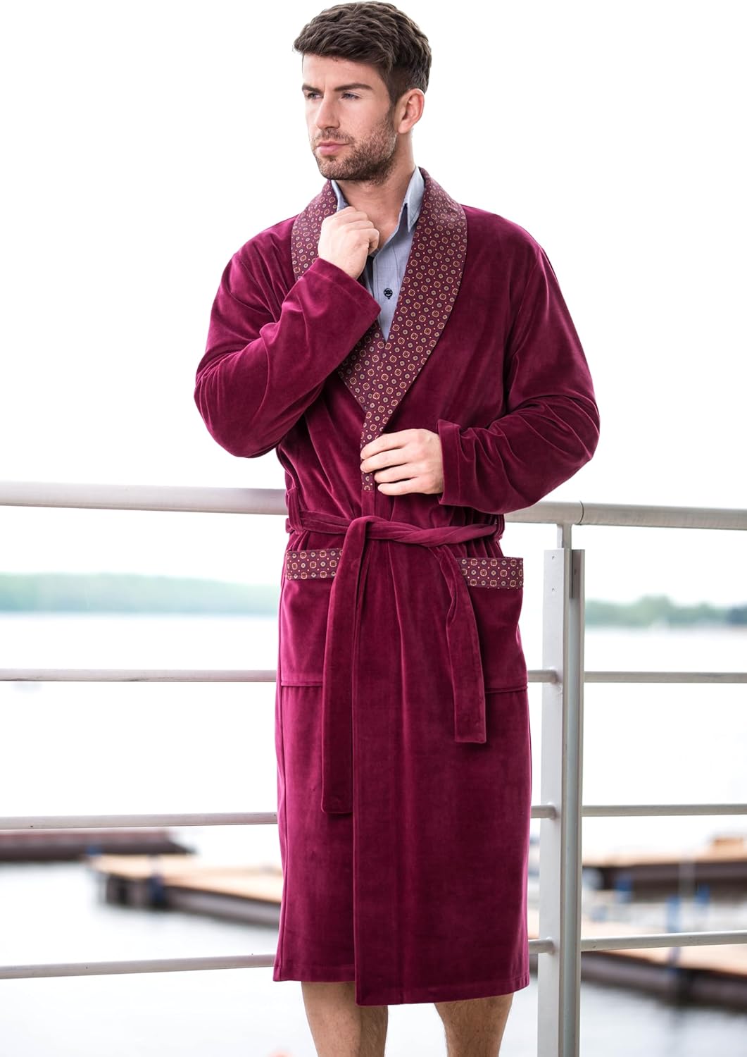 Revise Joel RE-101 Herren Bademantel aus Velours - lang und elegant, S Burgund Rot