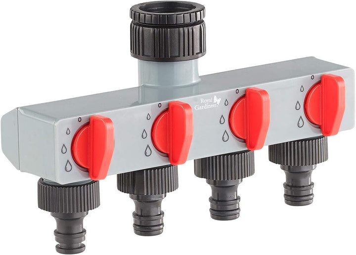 Royal Gardineer Magnetventil: Bewässerungscomputer mit 4-Wege-Verteiler, Regensensor & Magnet-Ventil