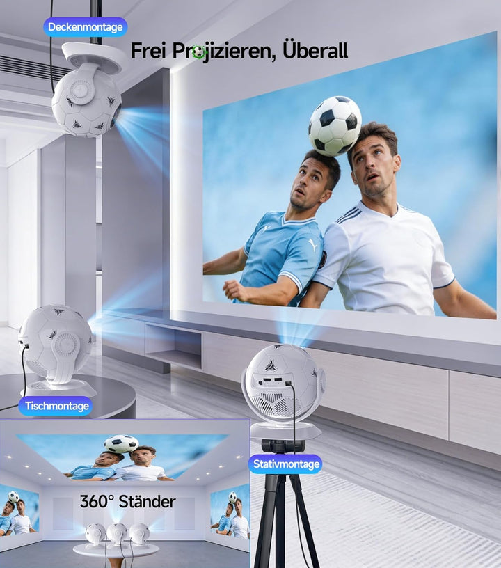Magcubic Mini Beamer Projektor 4K Support, 360° Fussball-Motiv Beamer Klein Heimkino Outdoor WiFi 6
