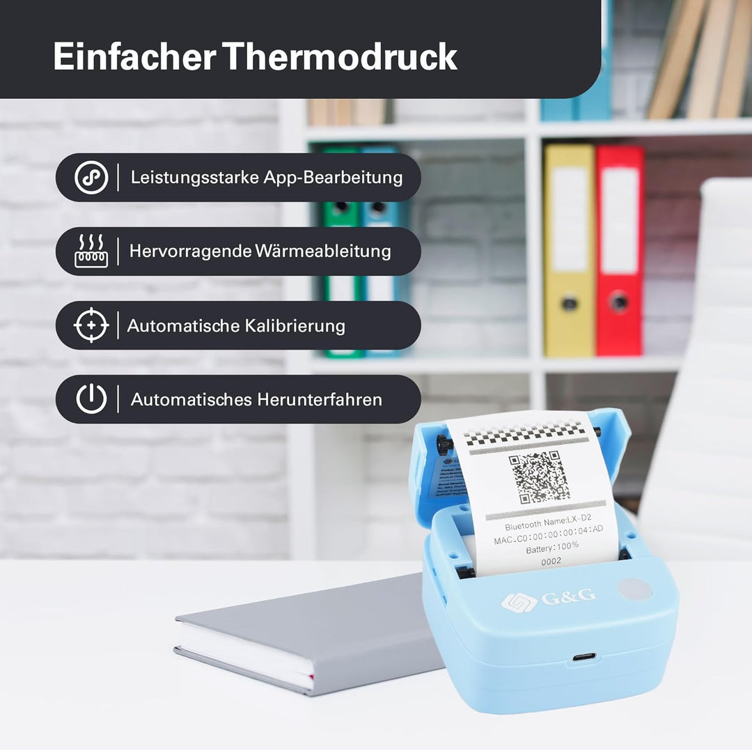 G&G Mini Thermodrucker SD001BL Mobiler Bluetooth Drucker für Handy & Tablet, Kabellos, Ohne Tinte, I