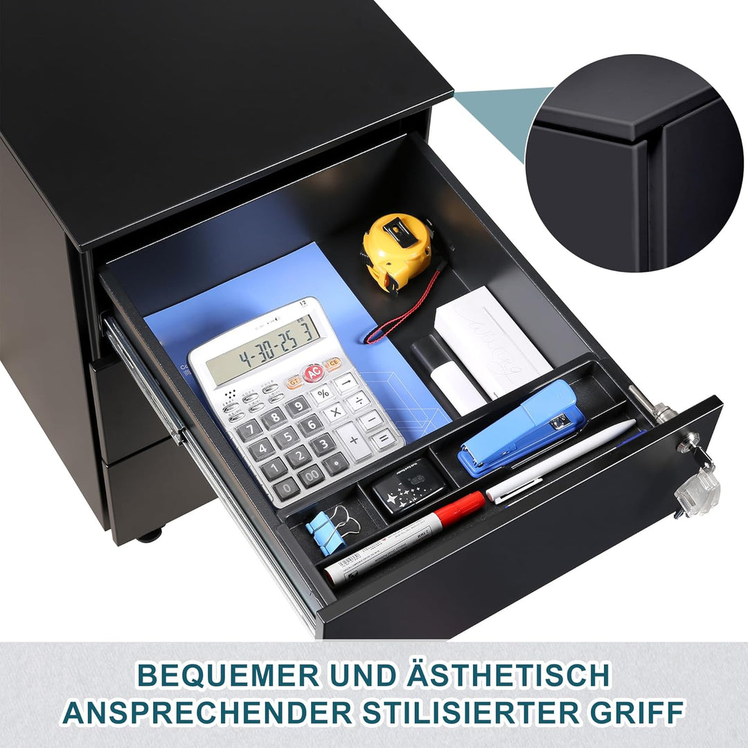 LVSTEEL Rollcontainer mit Schubladen, Mobiler Aktenschrank unter Schreibtisch, Abschliessbarer Büros