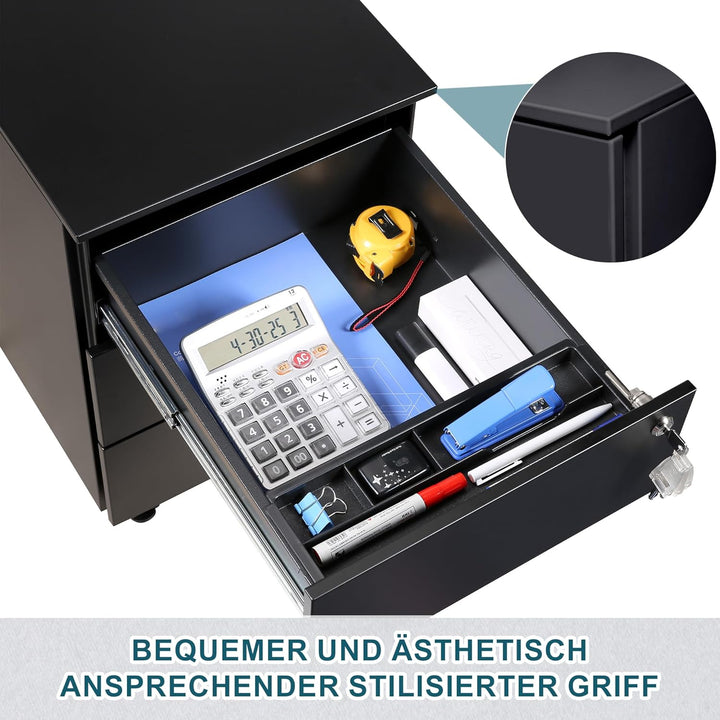 LVSTEEL Rollcontainer mit Schubladen, Mobiler Aktenschrank unter Schreibtisch, Abschliessbarer Büros