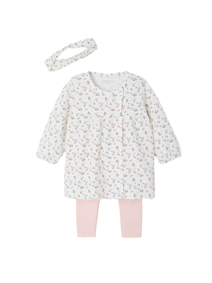 VERTBAUDET Mädchen Baby-Set: Haarband, Kleid &amp; Leggings 6 Monate wollweiss bedruckt, 6 Monate wollwe