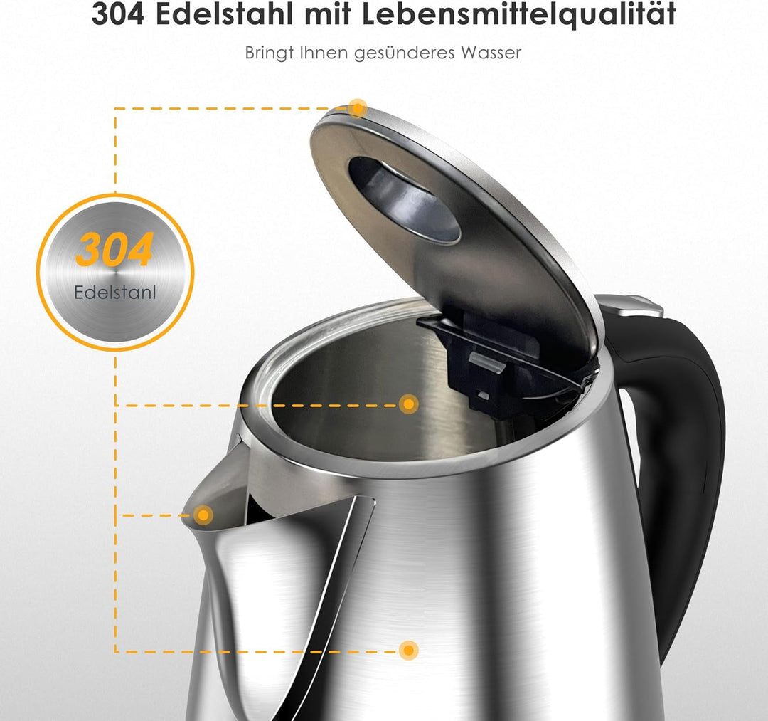 KitchenBoss Elektrischer Wasserkocher Edelstahl： 1,7L, 2100W Schnellkoch-Elektrischer Wasserkocher m