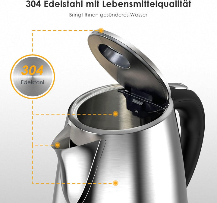 KitchenBoss Elektrischer Wasserkocher Edelstahl： 1,7L, 2100W Schnellkoch-Elektrischer Wasserkocher m