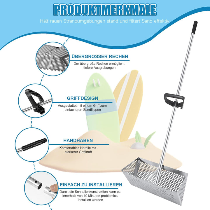 Sandflohharke Gross Edelstahl Strandsand Sieb Mit 138 cm Langem Stiel und 40 X 18 cm GrossEm Korb, A