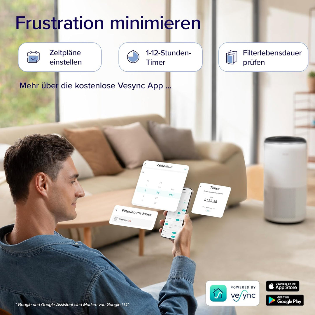 Levoit HEPA Luftreiniger für Allergiker, HEPA plus Aktivkohlefilter, CADR 433 m³/h, für bis zu 90㎡ W