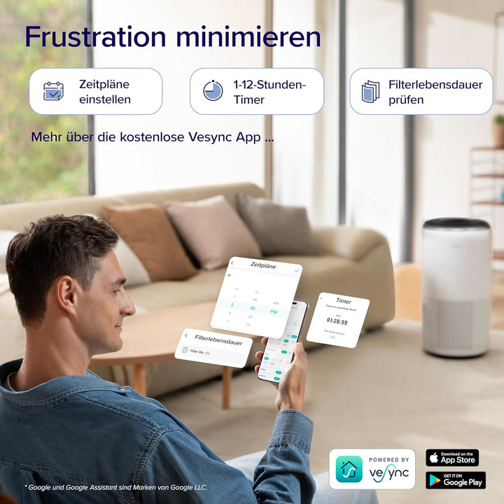 Levoit HEPA Luftreiniger für Allergiker, HEPA plus Aktivkohlefilter, CADR 433 m³/h, für bis zu 90㎡ W