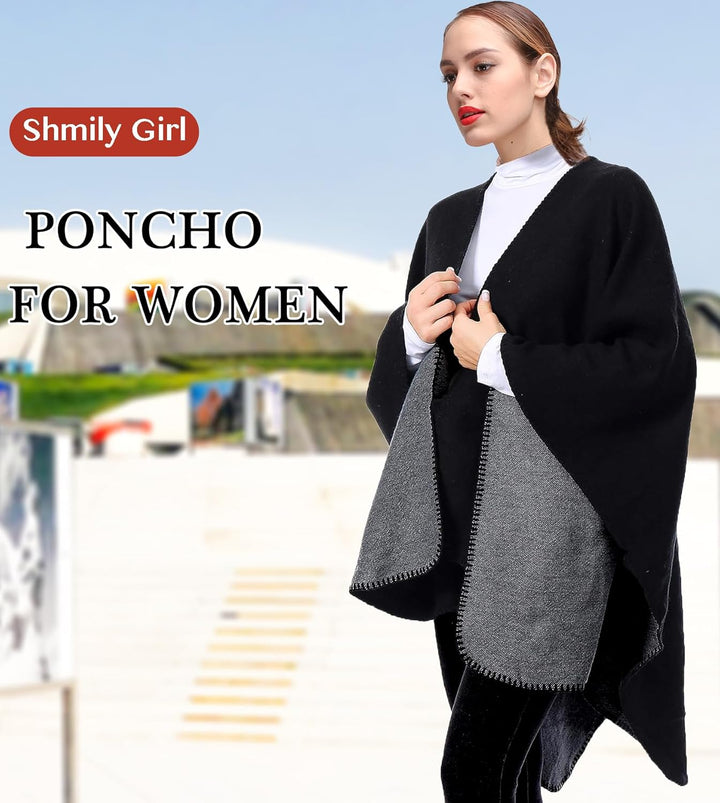 Shmily Girl - Damen Poncho Habe Gestrickt Überdimensionalen Decke Kap-Schal Schwarz & Grau, Schwarz
