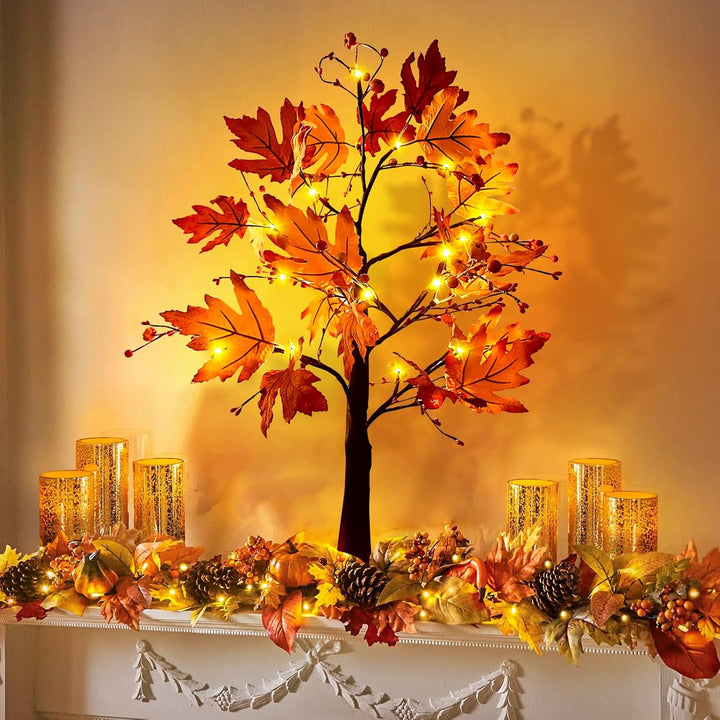 Herbstdeko Ahornblatt Baum Lichter, 61cm Herbst Dekoration Lichterbaum Für Innen mit Timer, Herbst D