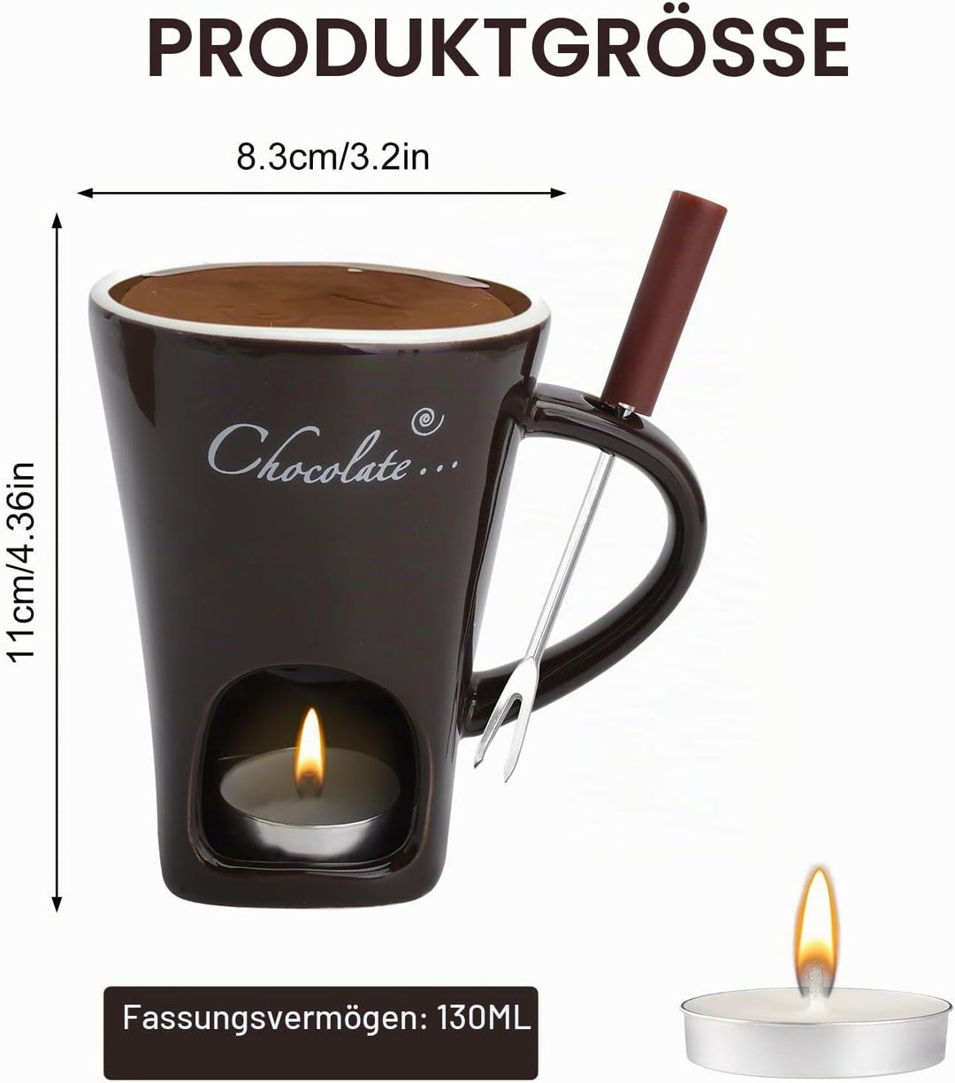 Schokofondue Tasse Keramik 130ML Schoko Fondue Cup mit Teelichthalter und Gabeln Schokoladenfondue S