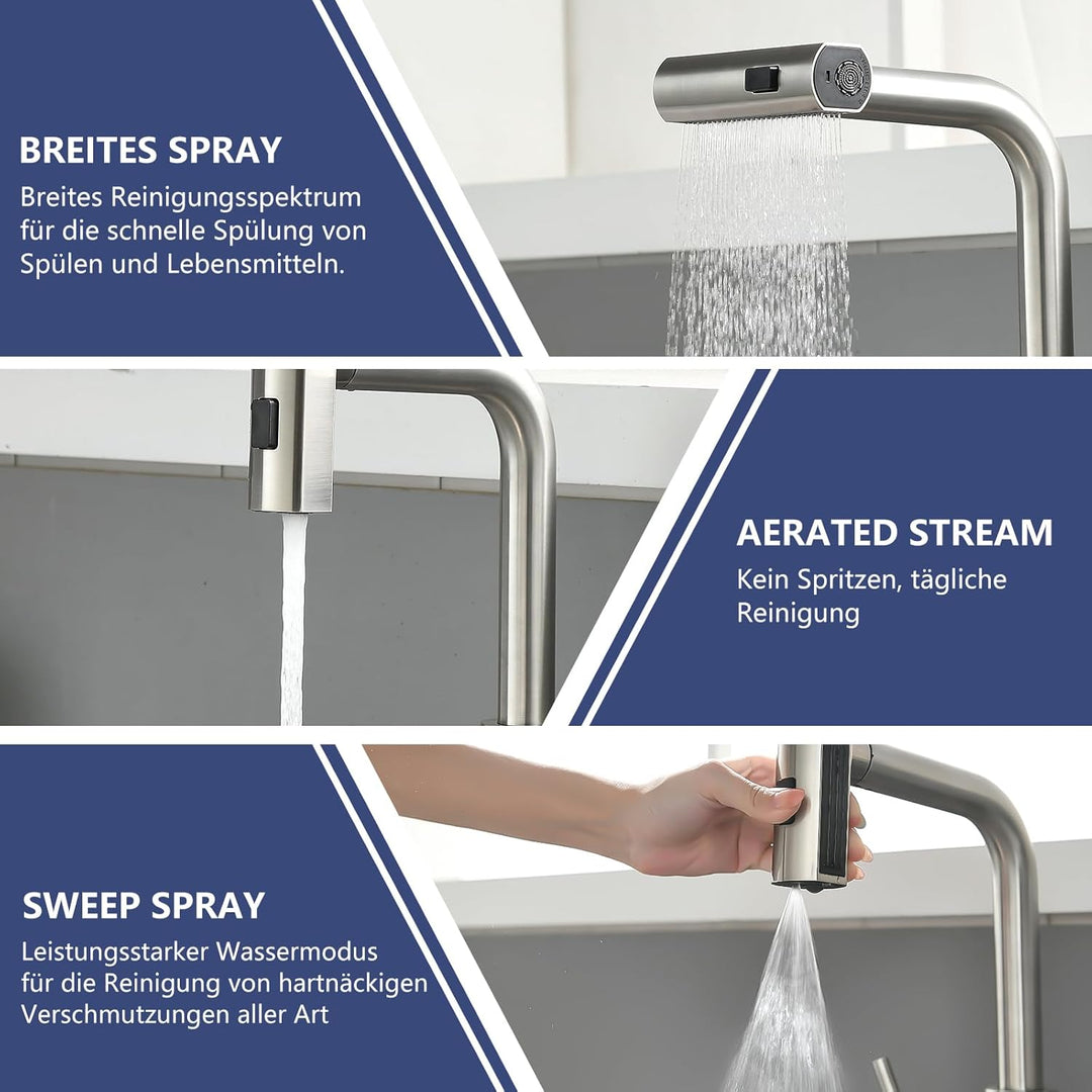 AIMADI Küchenarmatur ausziehbar,Wasserhahn Küche mit 3-Wege-Duschbrause &amp; 38cm Schlauch, Einhebelmis