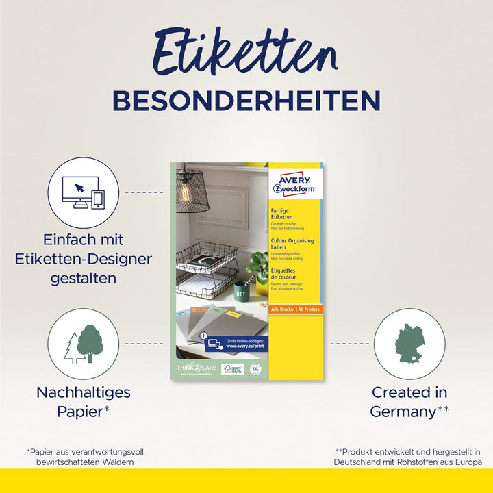 AVERY Zweckform 3453 Blaue Etiketten (1.600 Aufkleber, 105x37mm auf A4, permanent haftend, selbstkle