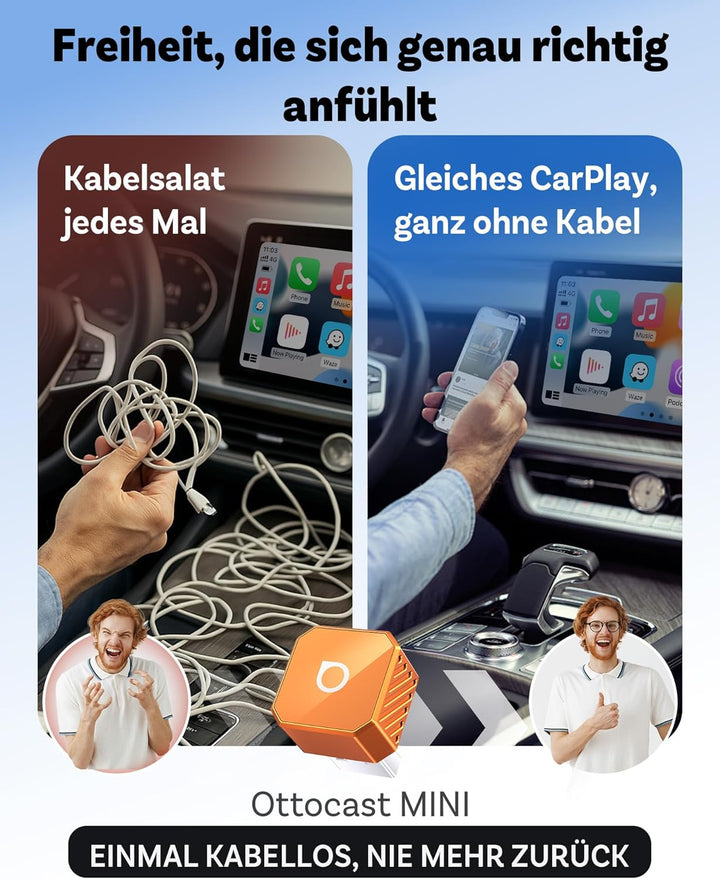 2026 Ottocast Mini Pot Orange, 2-in-1 Wireless CarPlay & Android Auto Adapter, Plug & Play Funk-Dong