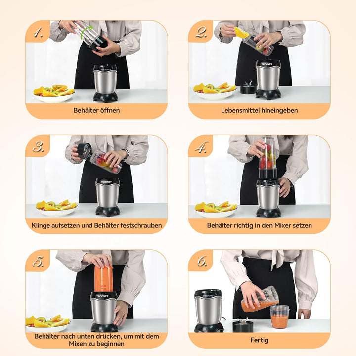 TECKNET Smoothie Maker, 600W Mini Mixer Smoothiemixer mit 4 Edelstahl Blatt, Tragbarer Standmixer 50