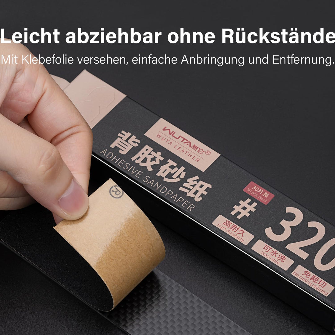 WUTA Schleifpapier Set mit Kohlefaser-Platten, 120 Blätter selbstklebend in 4 Körnungen (320/600/100