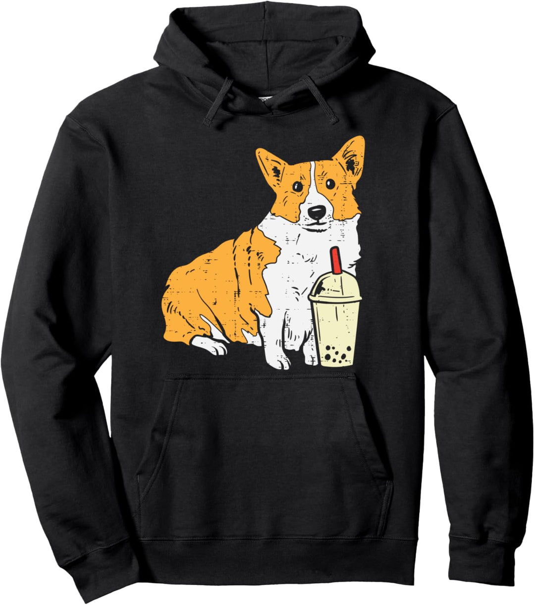 Welsh Corgi Drinking Bubble Milk Tea Dog Lover Owner Gift Pullover Hoodie